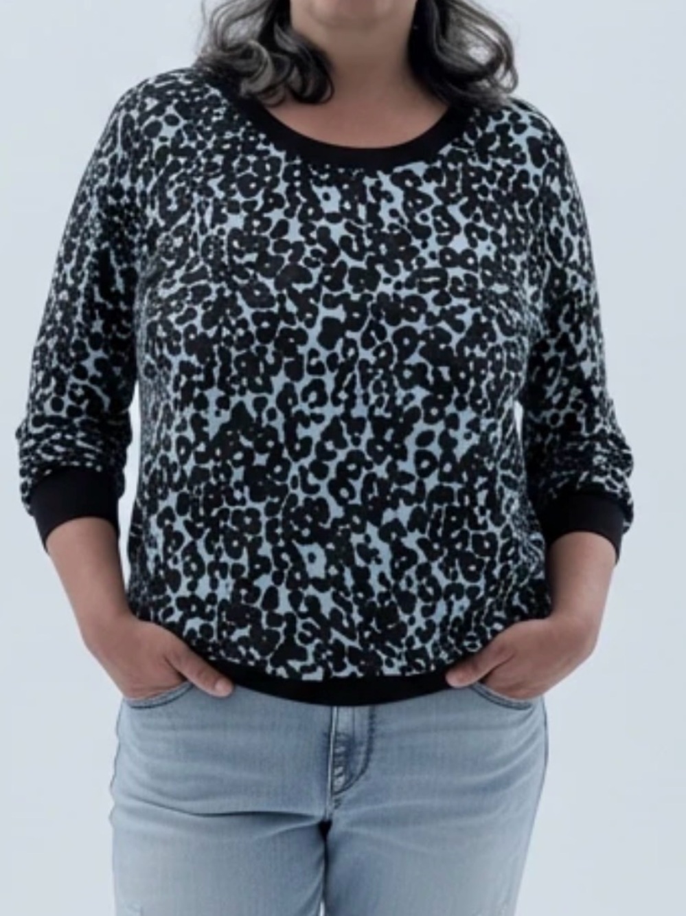 LOFT Black and Light Blue Leopard Print Crewneck Sweater